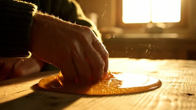 Hand stretches golden slime on wooden board in sunlight. Person plays with stretchy slime near window. Hand pulls slime creating stretch. Golden sunlight illuminates slime play on board.
