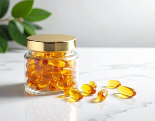 Close-up of a glass jar filled with yellow vitamin capsules on a white surface.