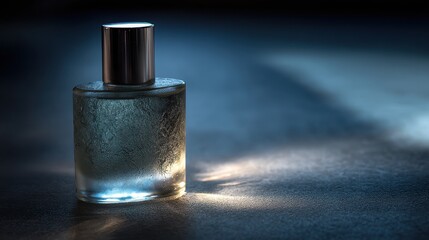 Close-up of a glass perfume bottle with a metallic cap on a dark, textured surface with dramatic lighting