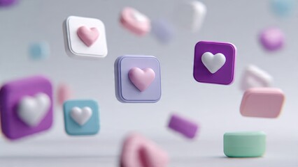Floating 3D Heart Icons and Like Buttons for Social Media Engagement and Love Concept in Pastel Colors