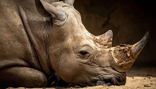Close-up of a majestic rhinoceros resting, showcasing its impressive horn and textured skin. - Powered by Adobe