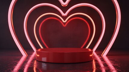 A vibrant red circular podium is positioned in front of a large neon heart outline with inner concentric heart shapes glowing in red and pink neon light against a dark textured background with a