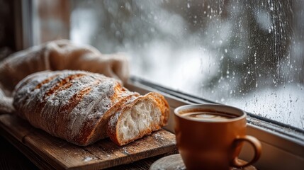 Freshly baked artisan bread and a warm cup of coffee by a window on a rainy or snowy day