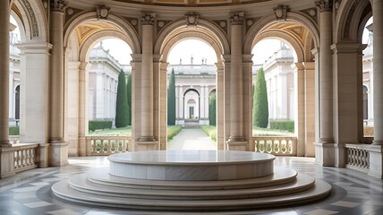 An ornate classical rotunda with marble columns and arches framing a view of a manicured garden path and symmetrical buildings, featuring a circular marble platform at its center, bathed in soft