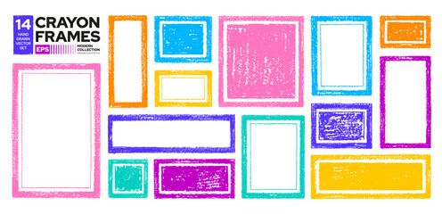 Kid frame. Child crayon text box. Children frame. Crayon shape bg. Square and rectangle border. Doodle hand drawn pastel color background. Pencil texture textbox vector. Text block. Brush paint border