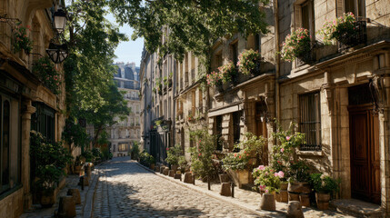 Fototapeta premium Montmartre cobblestone street with blooming flowers and lamppost
