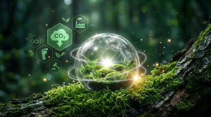 Glass Globe with Green Moss and Environmental Protection Icons