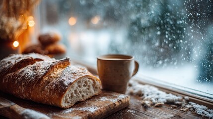 Freshly baked bread and a warm mug by a snowy window, creating a cozy winter scene