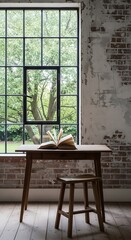 Minimal interior workspace with book near window representing calm reading and creative focus
