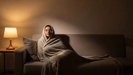 Woman wrapped in blanket sitting on couch with table lamp beside her