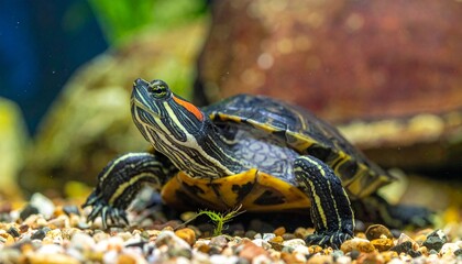 Fototapeta premium Close-up of a Red-Eared Slider Turtle in its Aquatic Habitat, Showing Detailed Features.