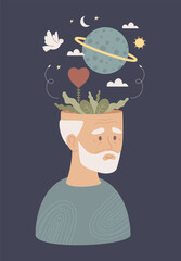 Senior Man Cosmic Wisdom and Mental Wellness. Elderly Gray-Haired Male with Universe Planet and Peace Dove. Concept for Spiritual Growth Mindfulness and Health Awareness Vector Illustration Not AI