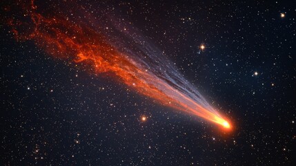 Vibrant comet-like celestial object with fiery red and blue trail in deep space