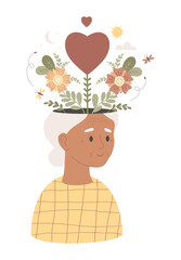 Obraz premium Mental Health. Black Elderly Woman with Flowers and Heart from her head. Senior Peace of Mind and Wellness, Positive Mindset, emotional well-being. Vector Flat Illustration Not AI
