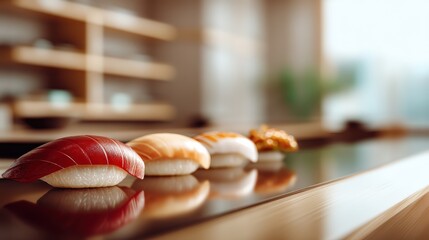 Fresh Tuna and Salmon Nigiri Sushi in an Upscale Japanese Restaurant