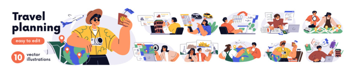 Travel plan, trip itinerary, tourism concept set. Tourists booking hotel, buying ticket, searching route. Vacation tour preparation, organization. Flat vector illustration isolated on white background