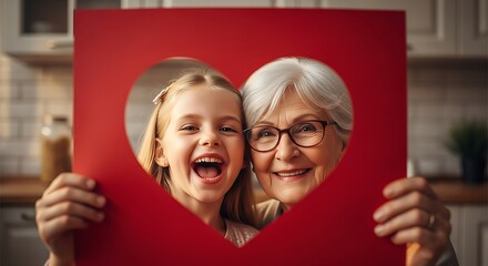 A young girl and an elderly woman holding a red heart-shaped photo frame in a kitchen with a joyful mood.