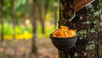 Close-up of a rubber tree with a bowl collecting latex, showcasing natural resource extraction in a forest setting.
