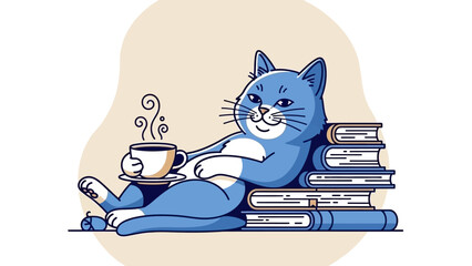 A relaxed blue cat is lounging on a stack of books, holding a steaming cup of coffee.