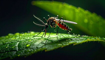 Fototapeta premium Close-up of a mosquito on a green leaf, showcasing its intricate details and environment.
