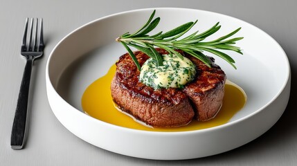 Juicy grilled steak topped with herb butter and fresh rosemary, elegantly plated on a white dish, showcasing culinary artistry and gourmet presentation for fine dining experiences