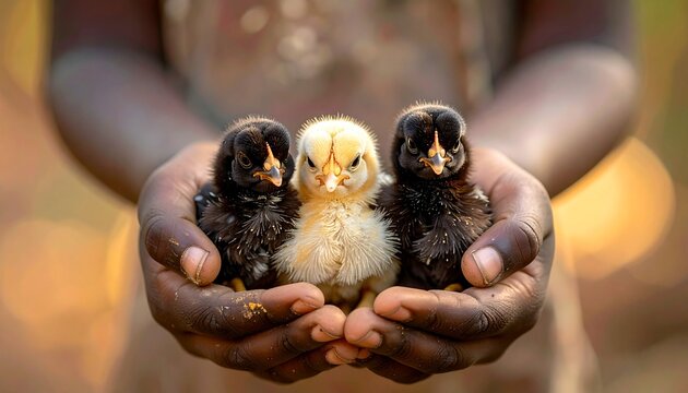 Close-up of a persons hands holding three adorable fluffy chicks, showcasing natures beauty.