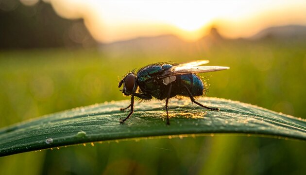 Close-up of a fly perched on a green leaf with a blurred background of a field and sunset. - Powered by Adobe