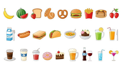 A vibrant collection of various food and drink items arranged in rows, showcasing a diverse range of culinary delights.