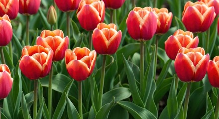 Vibrant red-orange tulips in a field