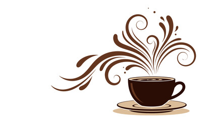 A steaming cup of coffee with decorative swirls emanating from it, set against a white background.
