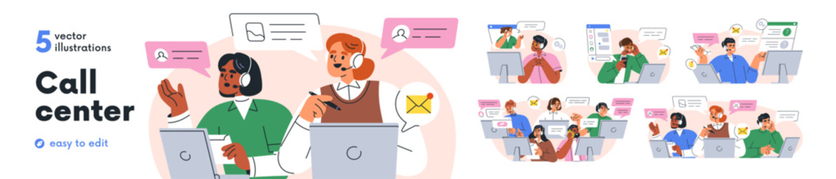 Call center, customer support service work set. Professional workers and clients communication at hotline, online helpdesk. Solving problems. Flat vector illustration isolated on white background