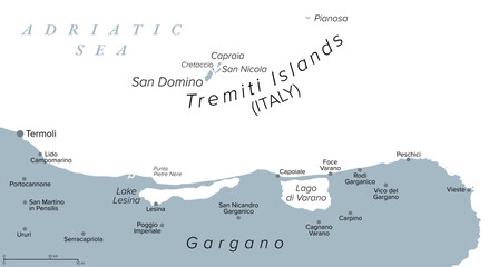 Tremiti Islands, Italy, gray political map. An archipelago in the Adriatic Sea, north of Gargano Peninsula, composed of the five islands San Domino, San Nicola, Capraia, Cretaccio, and Pianosa. Vector