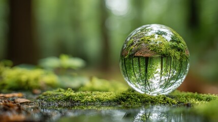 A crystal ball on moss reflects a forest with green trees