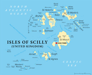 Isles of Scilly, United Kingdom, political map. Small archipelago off the southern tip of Cornwall, England, with Hugh Town as capital and largest settlement on St Mary's, the largest island. Vector