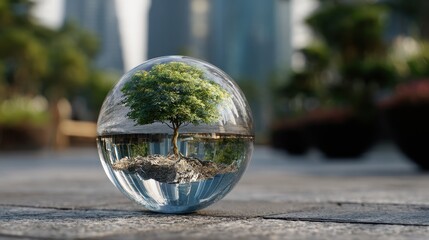 A miniature green tree growing inside a clear crystal ball sitting on a stone pavement with a blurred urban city background, ecology and environmental protection concept