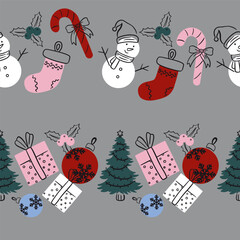 Winter Decorating Items Vector Seamless Horizontal Borders Set