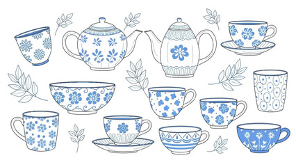 A collection of blue and white ceramic teacups, teapots, and bowls adorned with floral patterns and delicate leaves.