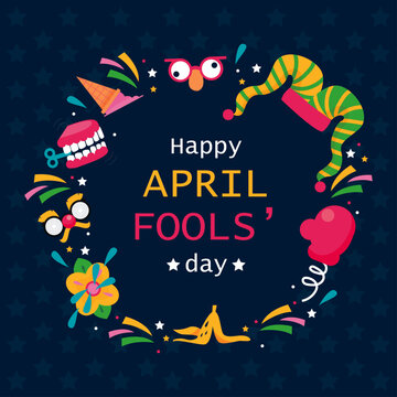 Festive illustration celebrating april fools day featuring classic silly pranks and bright colorful icons arranged in a decorative circular border against a dark patterned background inviting joyous p