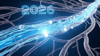 Future 2026, blue digital stream with branching veins