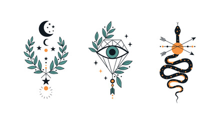 Set of three mystical esoteric symbols including a crescent moon with laurel, a providence eye in a diamond, and a snake with arrows.