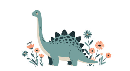 Naklejka premium Gentle long-necked dinosaur standing gracefully amidst a field of colorful wildflowers, cute prehistoric animal illustration for kids.