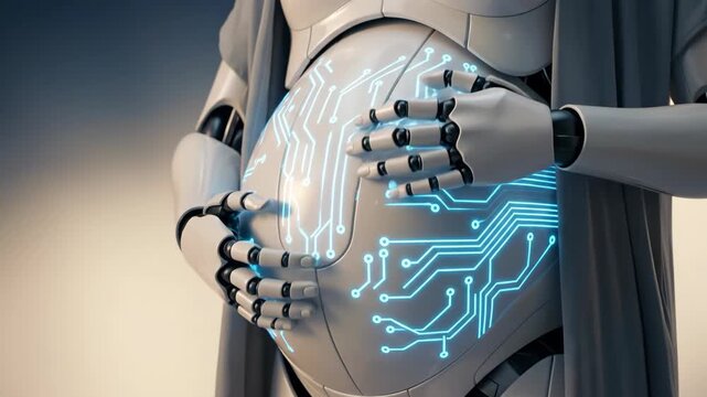 Pregnant female robot with glowing circuit patterns on belly, representing medical technology and future childbirth progress