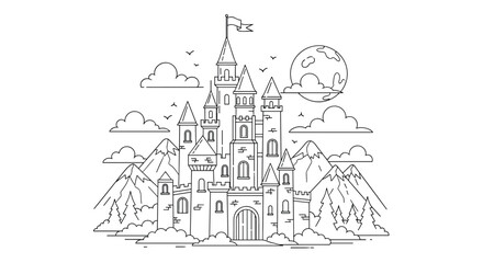 Fototapeta premium Majestic fairy tale castle coloring page with multiple towers and flags, set against a backdrop of mountains, forest, and moon.