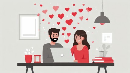 Happy couple working or browsing online on a laptop, surrounded by floating hearts, symbolizing love, connection, and Valentine's Day in a modern flat illustration style