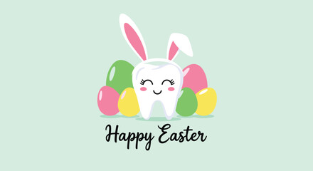 Fototapeta premium Festive Easter illustration featuring a cute white tooth wearing pink bunny ears, surrounded by colorful eggs and celebratory text.