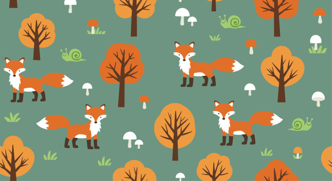 Autumn forest seamless pattern with cute red foxes, slow snails, various mushrooms, and colorful trees on a teal green background.