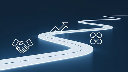 white roadmap with icons of deals, partnership, and upward in deep blue background