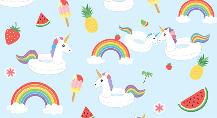Naklejka premium Vibrant summer pattern with unicorn floats, rainbows, pineapples, watermelons, and ice cream on a bright blue background.
