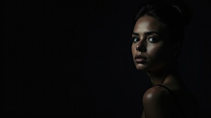 A beautiful woman with a dramatic expression in a dark setting