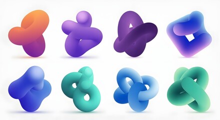 Collection of eight colorful abstract three dimensional gradient shapes featuring smooth volumetric forms and modern fluid design elements on white